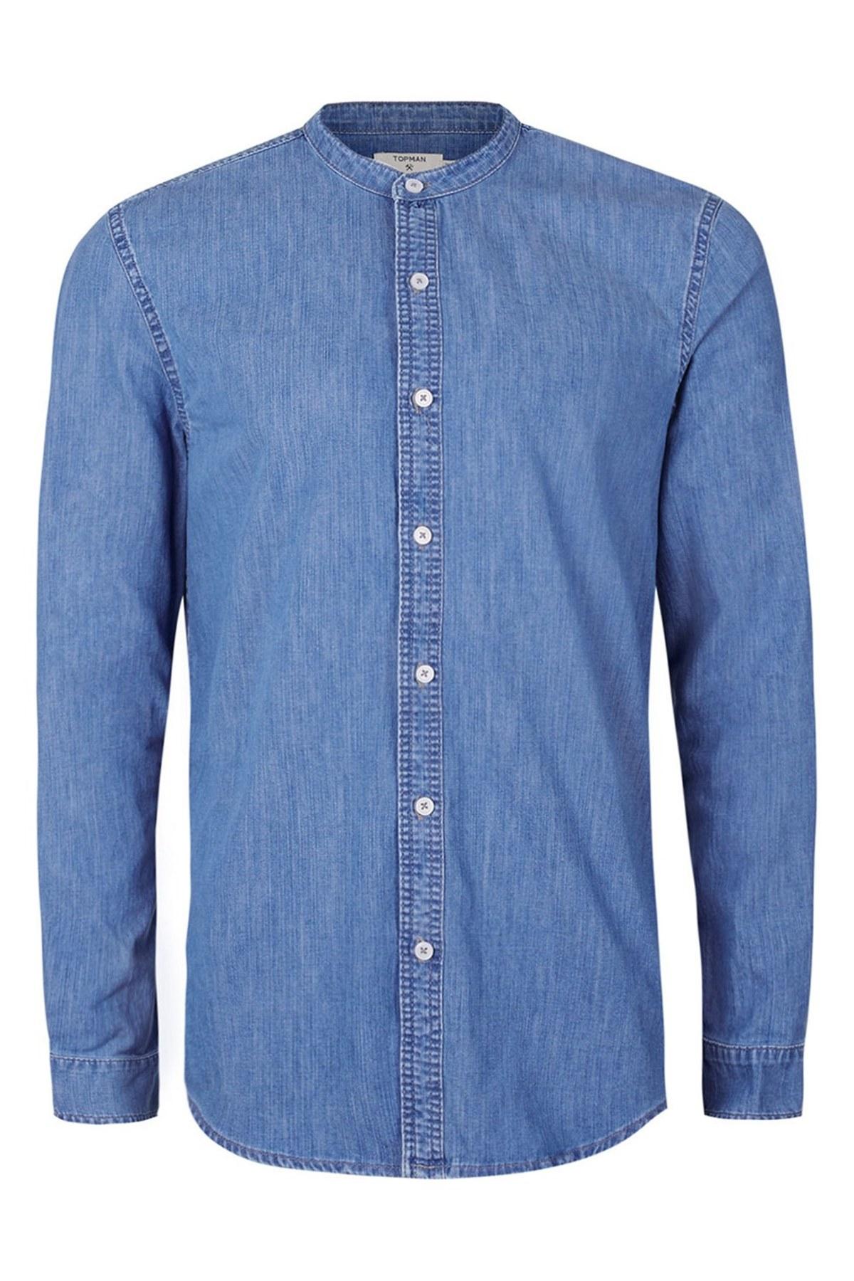 Topman Band Collar Denim Shirt in Blue for Men Lyst